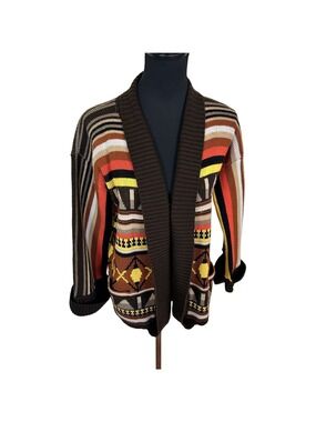 Vtg Kmart 1970s Brown Cardigan Sweater Aztec Geometric Large Orange Unisex
